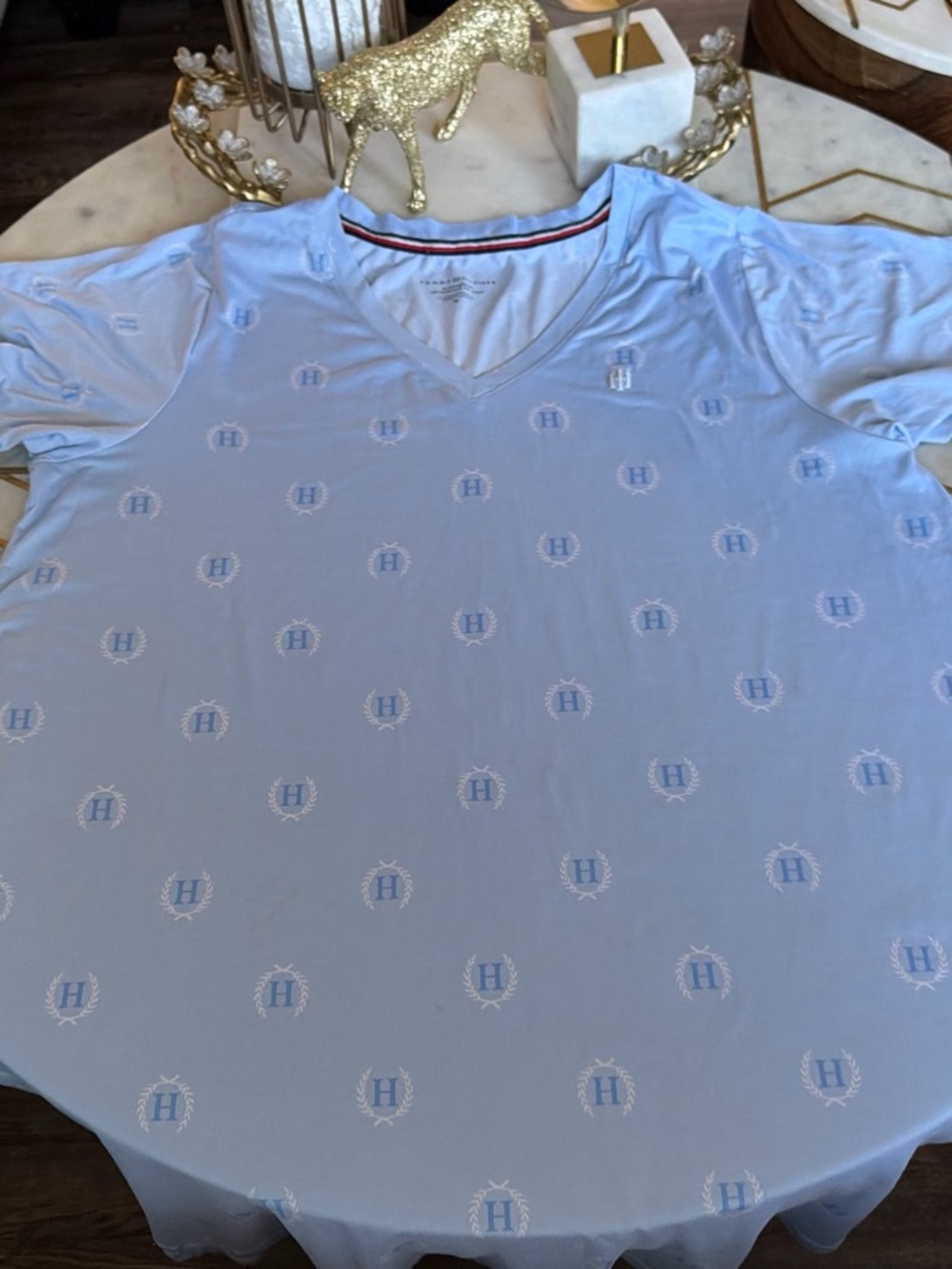 Tommy Hilfiger Light Blue V-Neck Tee with Tonal Crest Motif